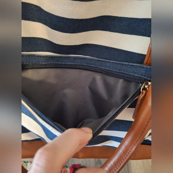 Lovevook Striped Blue and White Weekender Bag with Tan Accents - Picture 7 of 16